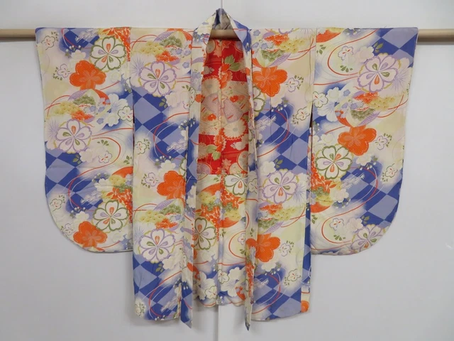 0903i03z440 Antique Japanese Kimono Jinken Girl's HAORI Lavender blue Sakura