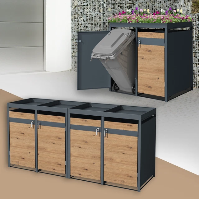 ML-Design Mülltonnenbox 3er Set Mit Pflanzdach - Anthrazit Stahl 196x80x124cm