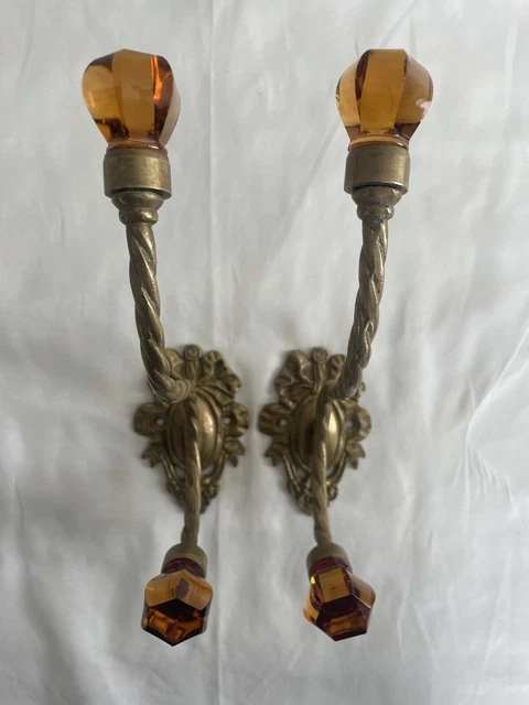 Pair 2 Antique Victorian Ornate Amber Glass Brass Hook Coat Hanger Wall Hardware 2