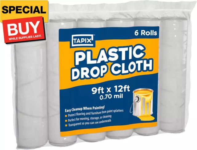 Painters Plastic Drop Cloth 6 Pack, 9X12 Feet, Plastic Tarp Dust Cover, Plastic