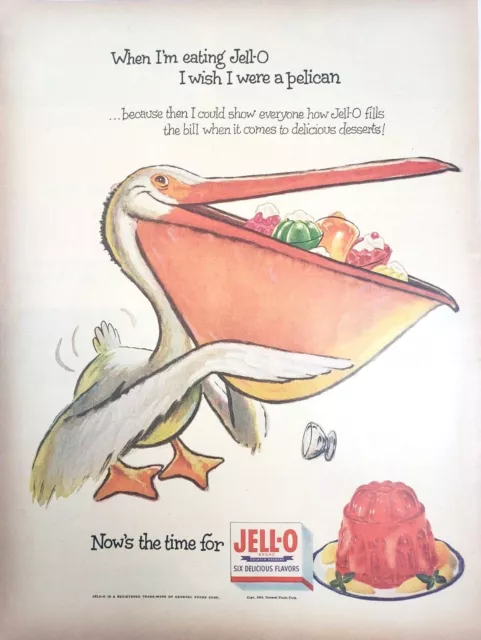 Pelican I Wish I Were Jell-O 1954 Ad Magazine Print Dessert Bird Animal