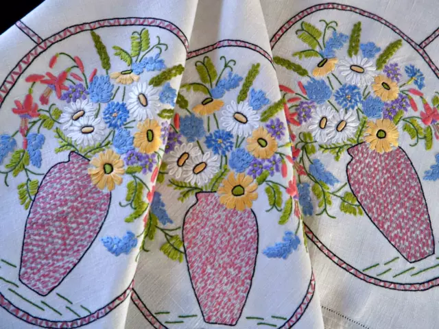 Vintage hand embroidered linen tablecloth - Fairistytch Floral vase