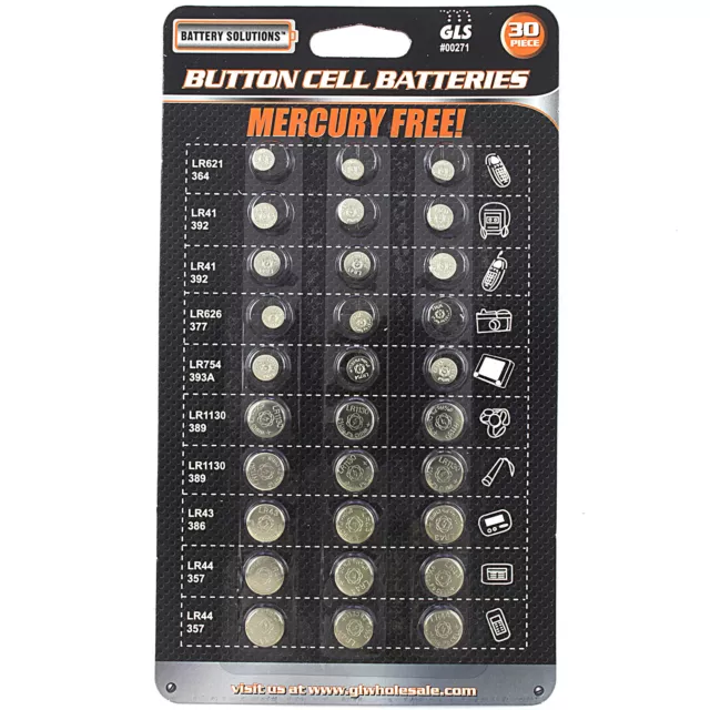 30 PC BUTTON CELL ASSORTED COIN ALKALINE BATTERIES Watch Camera Calculator