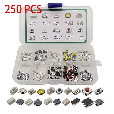 250PCS Tactile Push Button Switch Micro Momentary Tact SMD 10 Value Kit Pack