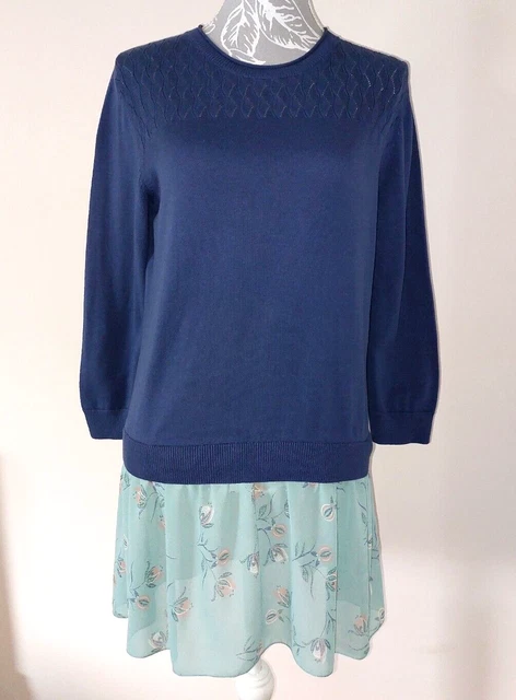 Joe Browns Women's UK 12 Navy Long Sleeve Cotton Jumper Floral Poly Blouse Tunic