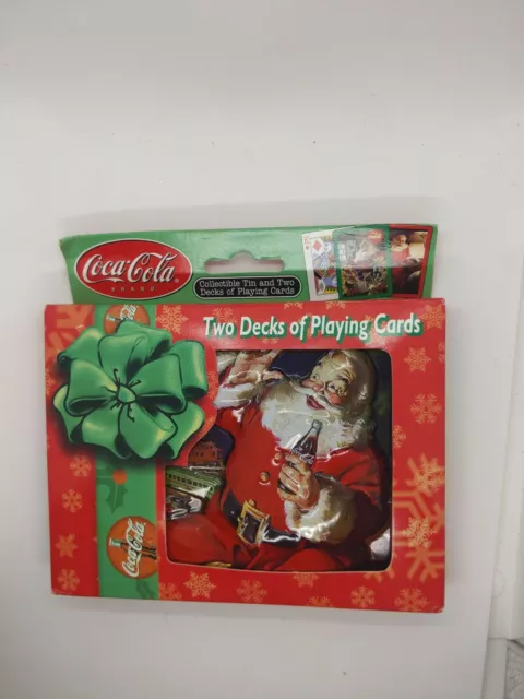 Coca Cola Collectible Christmas Tin Santa w/ 2 Decks Unopened Playing Cards J10