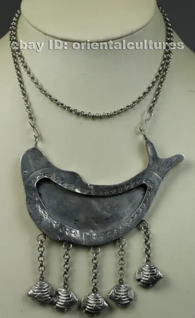 Tribal exotic chinese handmade miao silver fish necklace