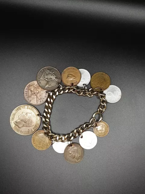 Vintage Foreign Coins of the World Charm Bracelet 7'' Mexico UK Swiss Austria+ Vintage Foreign Coins of the World Charm Bracelet 7'' Mexico UK Swiss Austria+