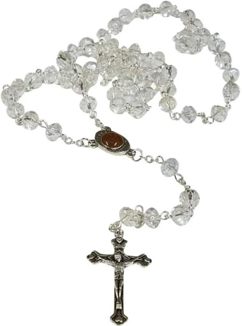 Clear Crystal Beads Rosary Catholic Necklace Holy Soil Medal Cross Crucifix
