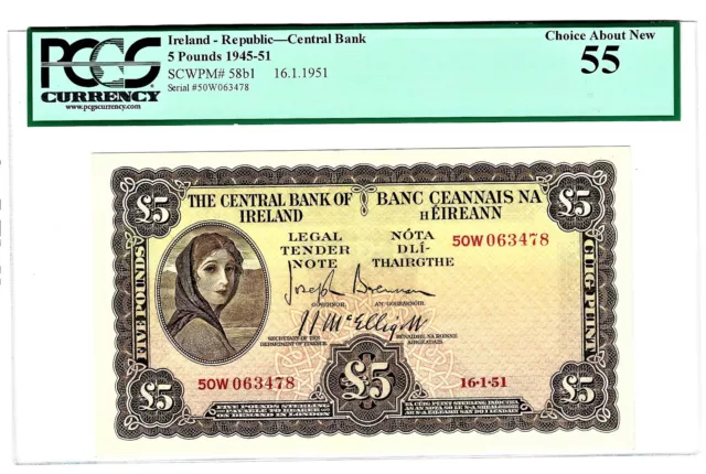 Ireland: Republic (Eire) 5 Pounds 16.1.1951 Pick 58b1 PCGS Choice About New 55