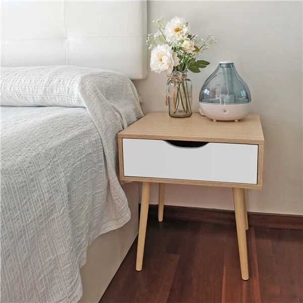 Mesa Auxiliar con Cajón Madera 40x48x58cm para Salón Café Mesita de Noche Blanca