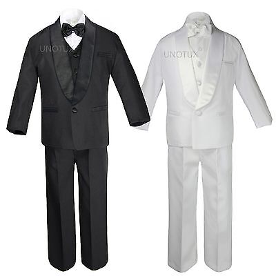 5pc Infant Toddler Boy Wedding Formal Shawl Lapel Tuxedo Black White Suit S - 20
