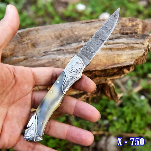 Skinning Damascus Steel CAMPING TACTICAL FOLDING blade POCKET Knife Buck Hunting