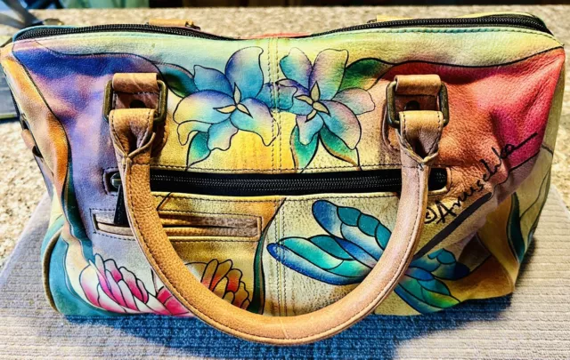 Anuschka Large Hand Painted Leather Handbag Dragonfly Classic Satchel Zip Around