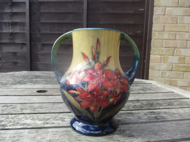 Moorcroft Pottery Freesia Design Handles Vase On Ochre /Blue Colorway