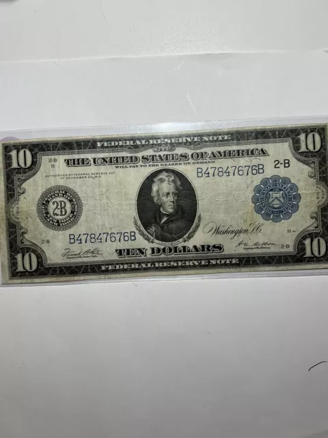 1913 $10 Dollar Bill Federal Reserve Note 2B (New York City)