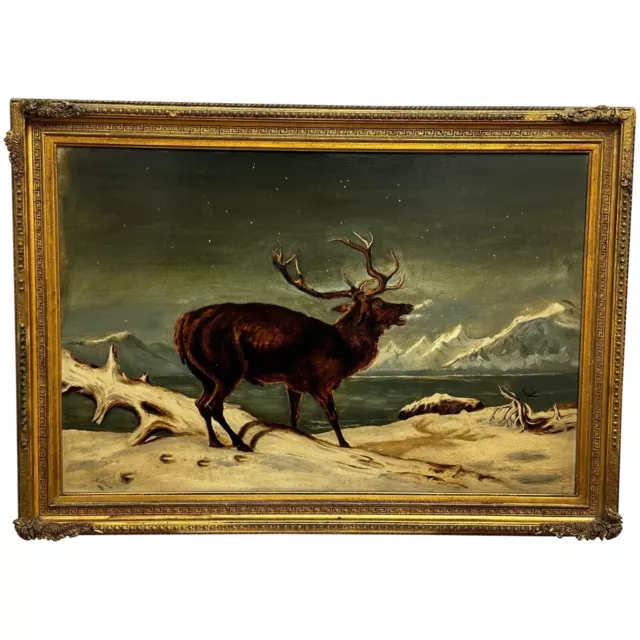 Oil Painting Winter Monarch Of The Glen Stag In Starlit Sky Highlands Loch Fyne