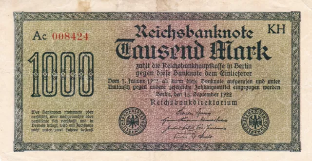 1000 Mark Reichsbanknote  15. September 1922 Deutsches Reich