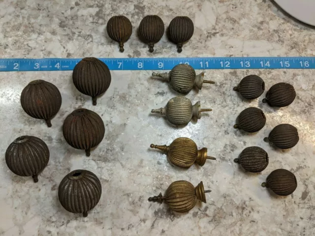 Lot of 18 Antique Curtain Rod Finials, brass?, drapery ends French Tole 