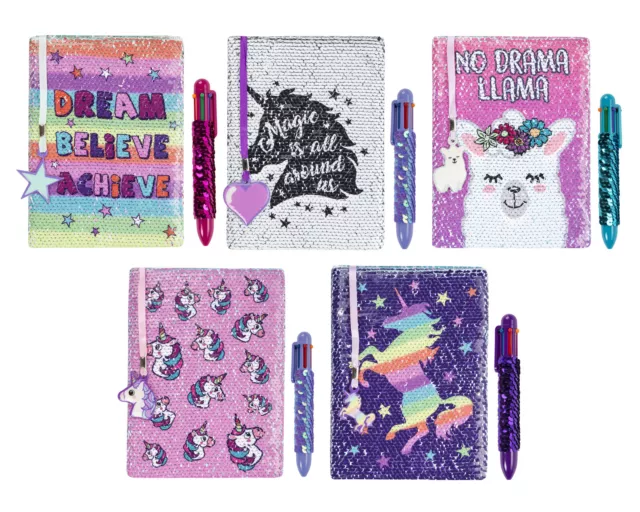 Reversible Sequin Secret Diary + Rainbow Pen for Girls A5 Unicorn Notebook 80 pg