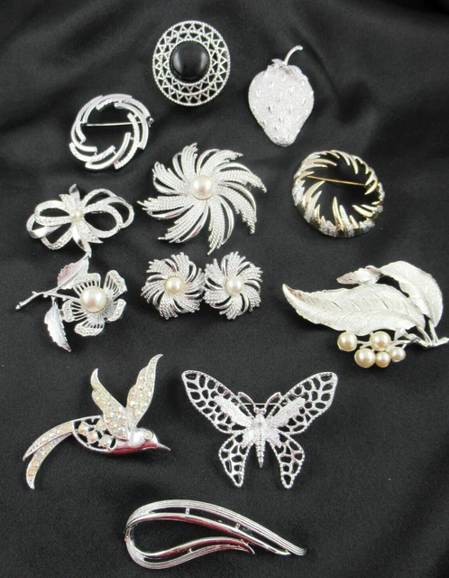 11 Piece Signed Sarah Coventry Silver Tone Brooch, Pin Lot + One Set of Earrings