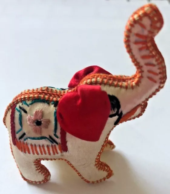 Vtg Red Silk Embroidered Satin Stuffed ELEPHANT Mini FIGURINE Ornament 3"
