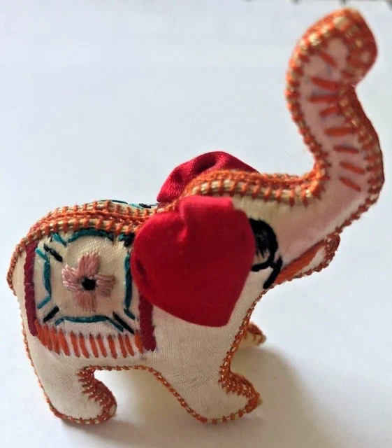 Vtg Red Silk Embroidered Satin Stuffed ELEPHANT Mini FIGURINE Ornament 3"
