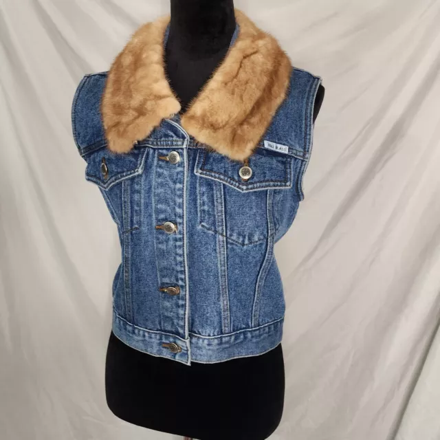 Vintage 90s! BILL BLASS Size Small Cropped Denim Jean Vest w/ Fox Fur Collar