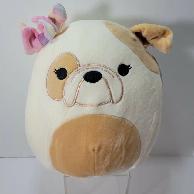 SQUISHMALLOW 10& DAVITTA Bulldog Bow Tan White Kellytoy Plush Stuffed