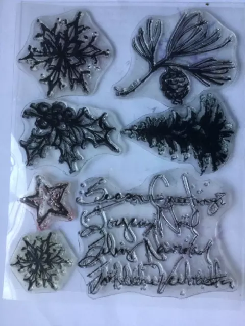 Artemio clear Christmas A5 stamp set - sentiment/holly/tree/fir/snowflake/star