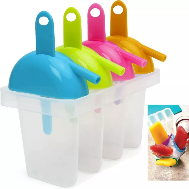 4 Freezer Ice Pop Maker Mold Popsicle Sip Straw Ice Cream Frozen Pops Cake Treat