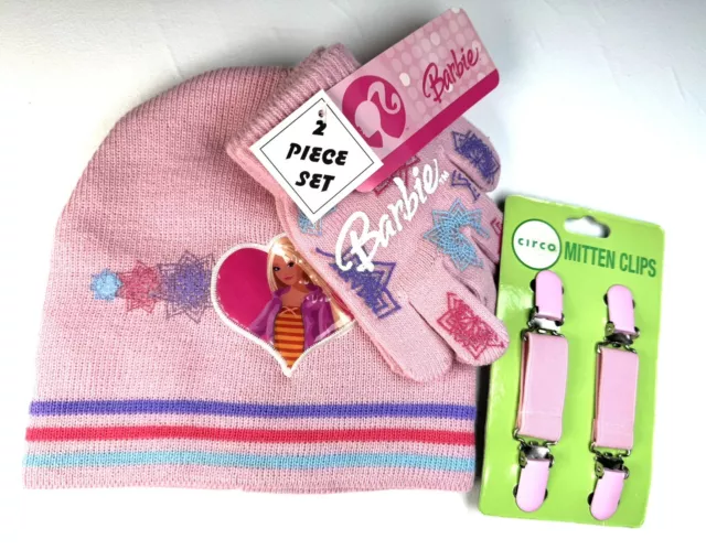 Barbie Knit Winter Hat Beanie Glove Set PINK Youth Mitten Clips NEW