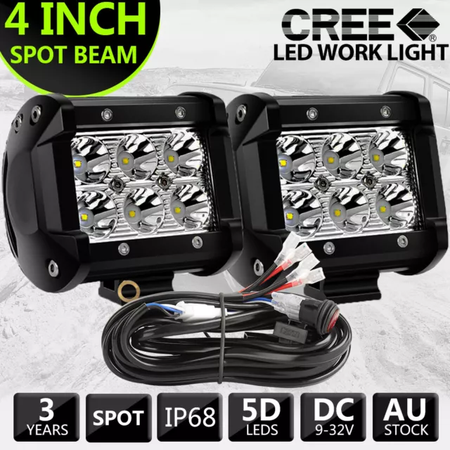 Pair 4 inch Work Lights Spot Flood LED Light Bar Reverse 4WD Fog Driving & Wire