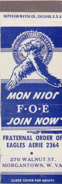 Vintage Matchbook Cover. Fraternal Order Eagles. Aerie 2364. Morgantown, Wv.
