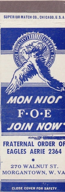 Vintage Matchbook Cover. Fraternal Order Eagles. Aerie 2364. Morgantown, Wv.