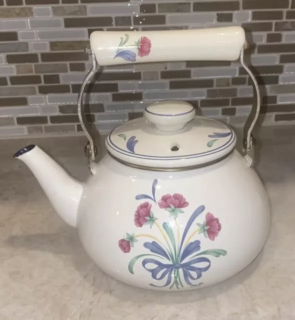 Lenox Poppies On Blue Teapot Metal Tea Pot Kettle w/Lid Ceramic Handle