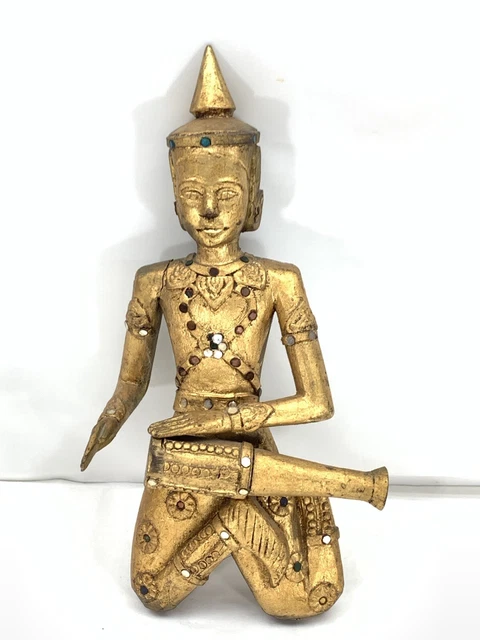 VTG Thai Siam Figure Asian Musician Wood Carved Giltwood Gold Gilt Wall Hanging