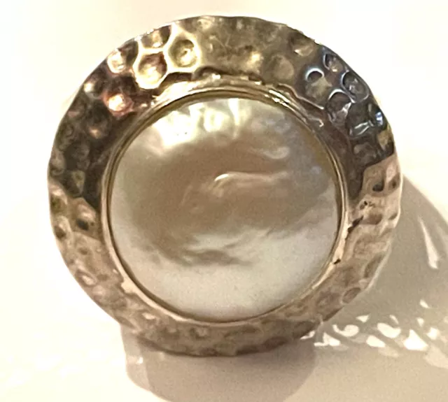 925 STERLING SILVER Baroque coin Pearl Hammered ring 7.9g estate ...