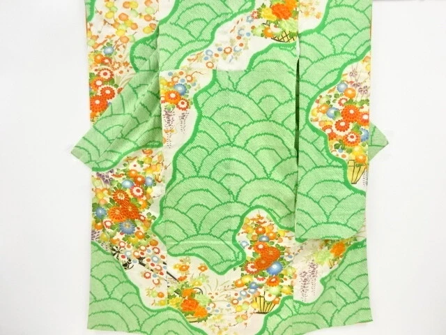 45303# Japanese Kimono / Antique Furisode / Embrodery / All Shibori / Flower Bas