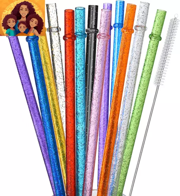 12-Pack Reusable Clear Plastic Glitter Straws, 13 Inch Extra Long Tumbler Straws