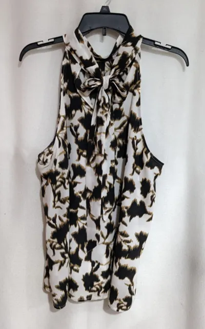 Nine West White/Black/Brown Floral Printed Sleeveless Tie-Neck Blouse - Size XL