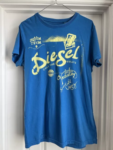 Diesel Industry Men's Cotton Short Sleeve Blue & Yellow TShirt Size L Slim Fit