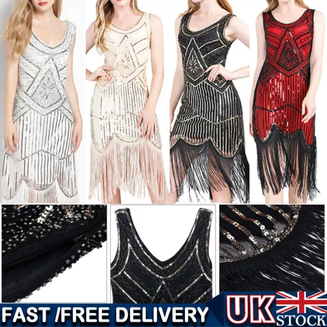 1920s Bodycon Dress Great Gatsby Costume Cocktail Party Sequin Fringe Flapper UK