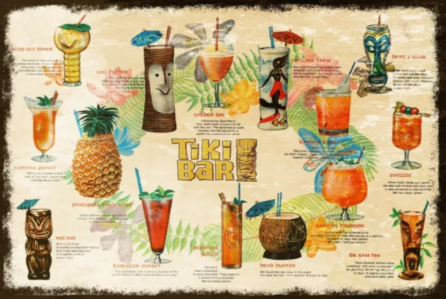 Tiki Bar Sommer Cocktail Menü Vintage Retro Stil Metallschild, Bar Pub Mancave
