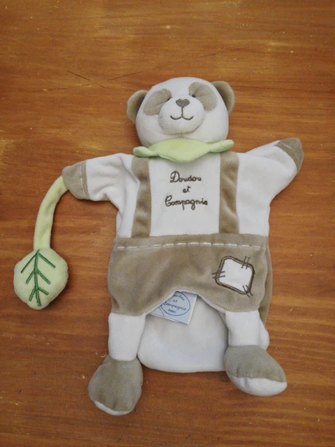 Doudou Et Compagnie Panda Marionnette Blanc Beige Marron  Feuille Vert Grelot