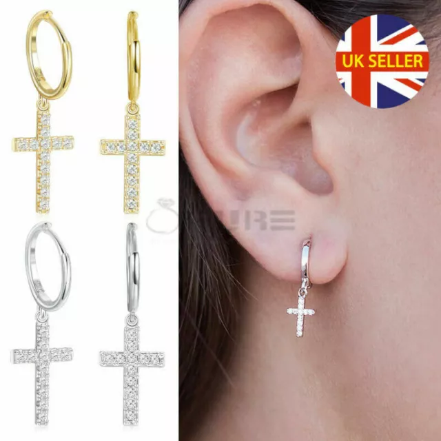 Classic Minimalist CZ Crystal Cross Drop Dangle Earrings 18K Gold Plated Silver