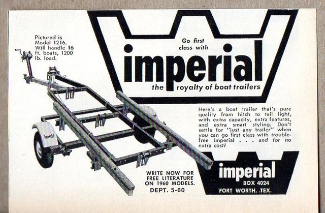 1960 Print Ad Imperial Model 1216 Boat Trailers Fort Worth,TX