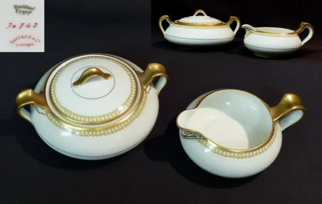 A ensemble porcelaine fine Haviland pot couvert bonbonnière verseuse liseré or