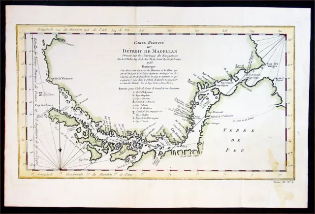 1753 Bellin Original Antique Map Tierra Del Fuego, Magellan Straits, Argentina