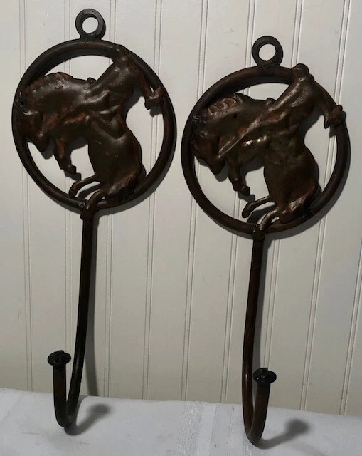 Set of 2 Vintage Cast Iron Equestrian Horse Coat Hook Hangers Barn Find Old